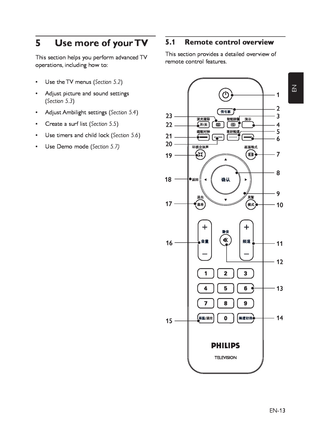 Philips 42PFL7403, 52PFL7403, 42PFL5203, 52PFL5403, 42PFL5403, 42PFL7603 Use more of your TV, 5.1Remote control overview 