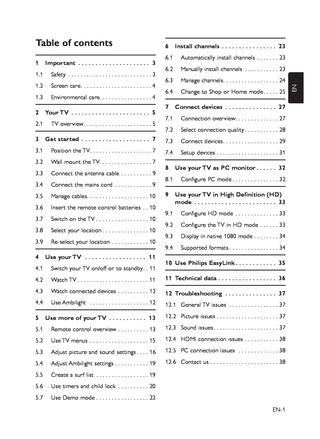 Philips 52PFL5403 Table of contents, Use more of your TV, Connect devices, Use your TV as PC monitor, Technical data 