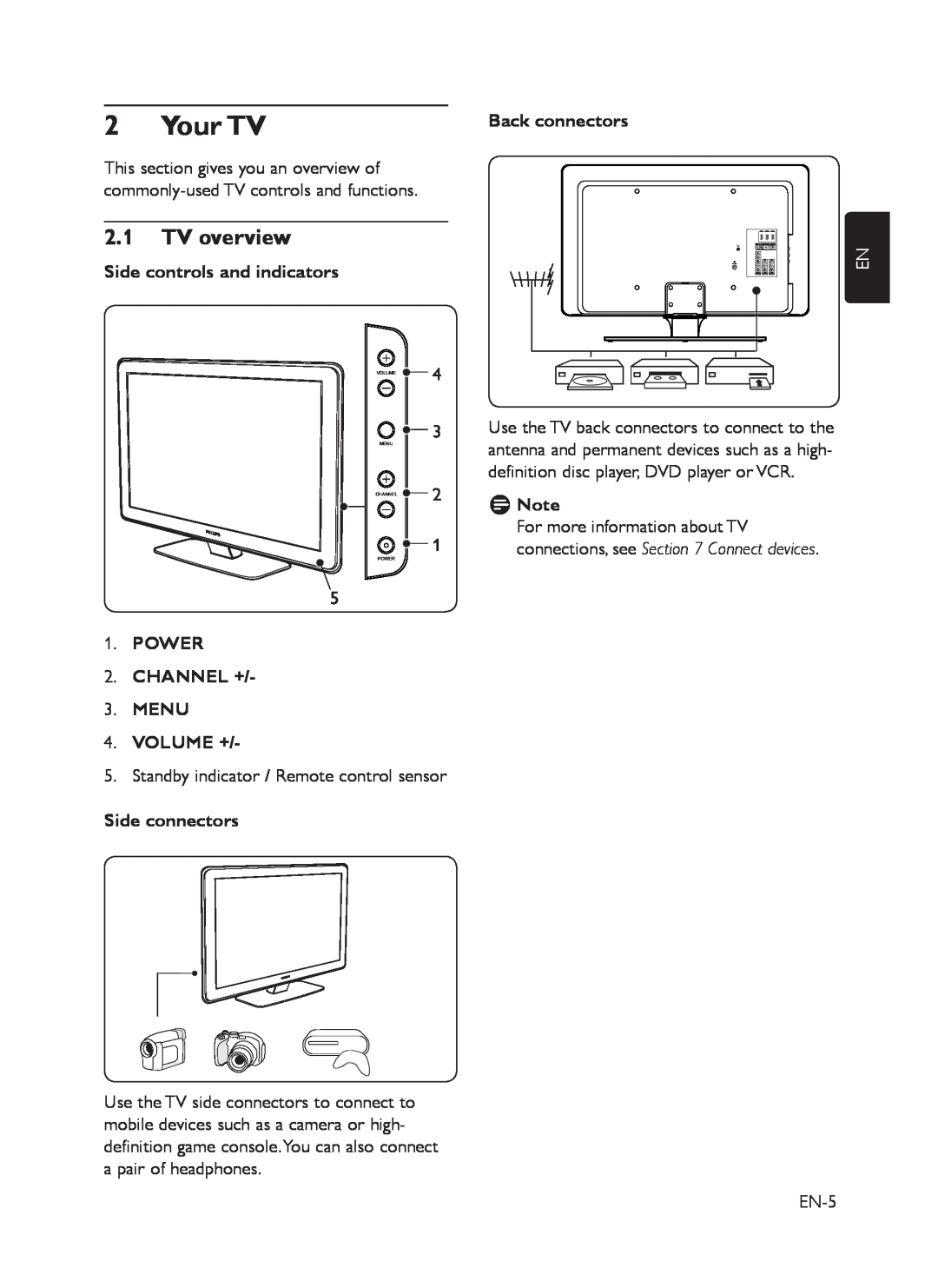 Philips 52PFL7403 Your TV, 2.1TV overview, Side controls and indicators, POWER 2.CHANNEL + 3.MENU 4.VOLUME +, DNote 