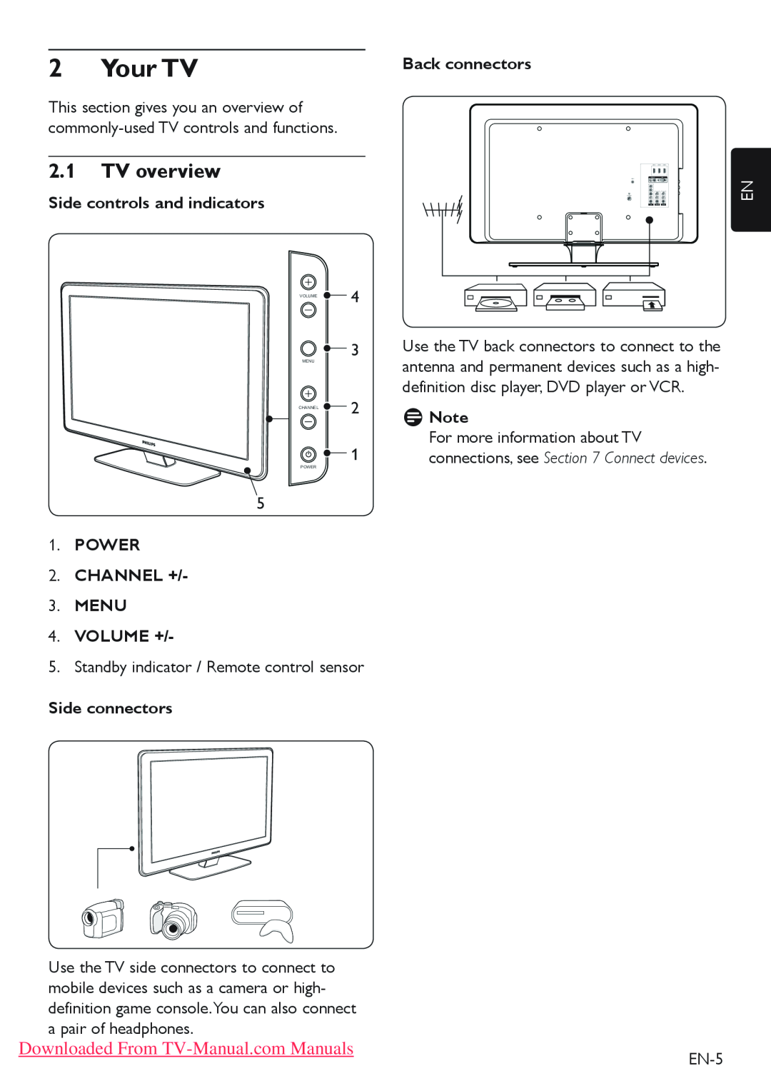 Philips 47PFL7403 Your TV, 2.1TV overview, Side controls and indicators, POWER 2.CHANNEL + 3.MENU 4.VOLUME +, DDNote, EN-5 