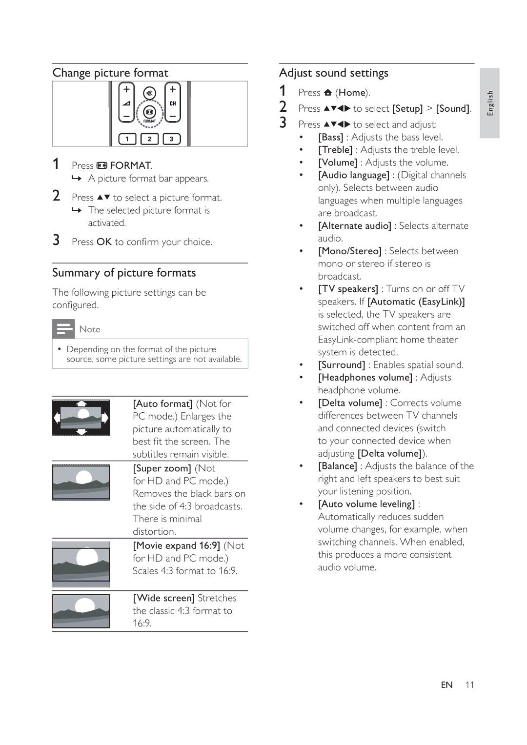 Philips 32PFL5604D/78, 52PFL7404D/78 user manual Change picture format, Summary of picture formats, Adjust sound settings 