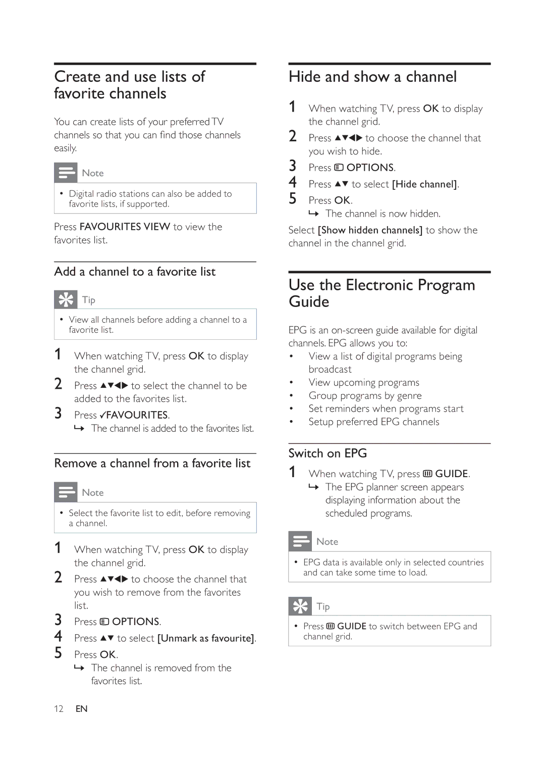 Philips 47PFL5604D/78 Create and use lists of favorite channels, Hide and show a channel, Use the Electronic Program Guide 