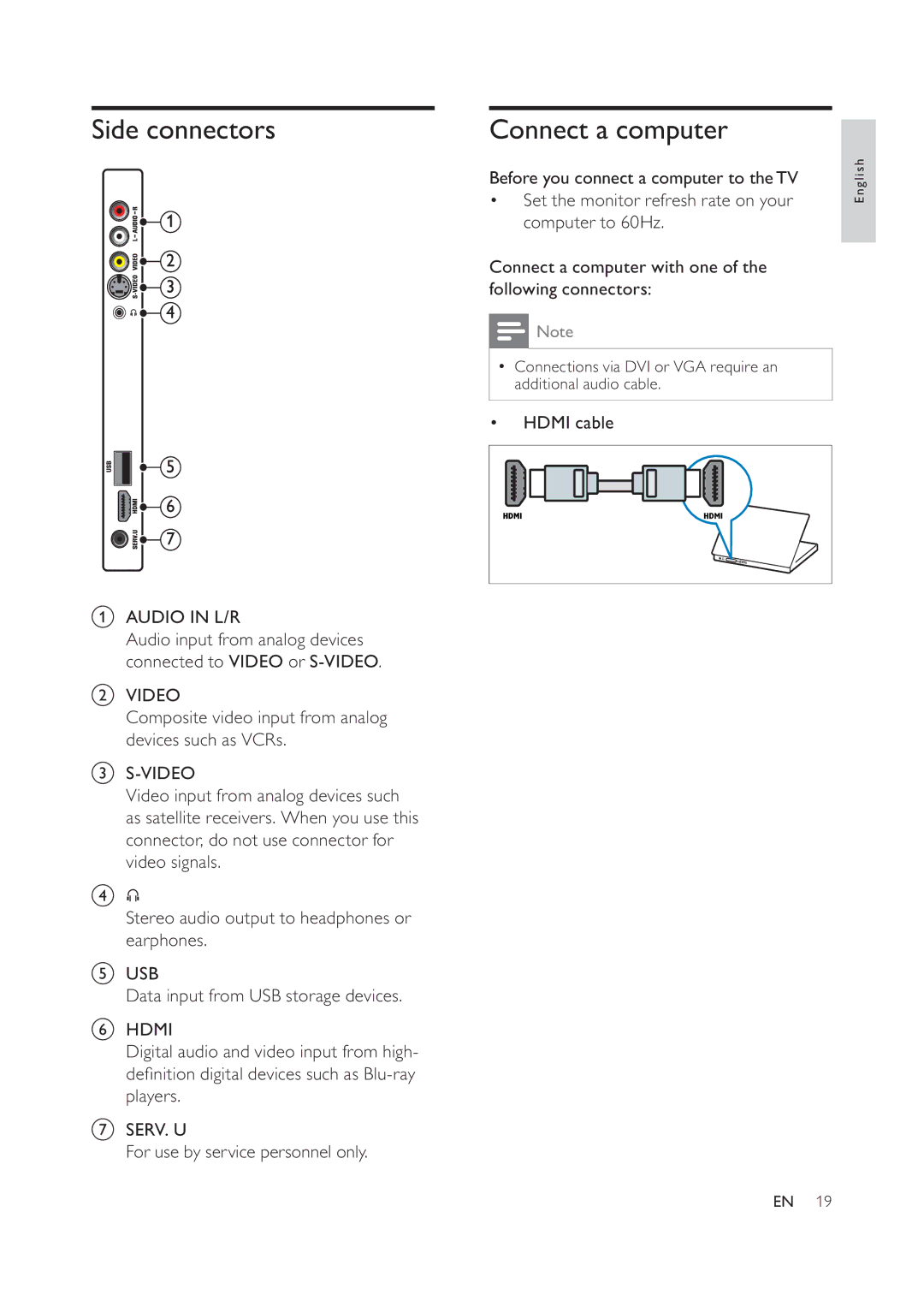 Philips 42PFL7404D/78, 52PFL7404D/78, 42PFL5604D/78, 32PFL5604D/78 user manual Side connectors, Connect a computer, Hdmi cable 