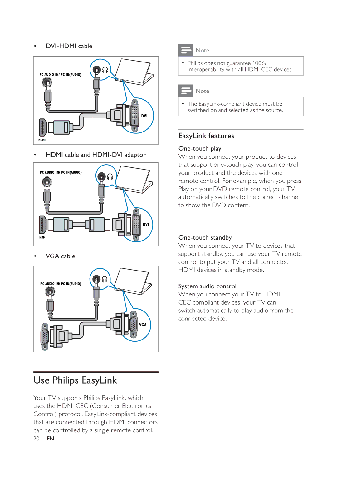 Philips 42PFL5604D/78, 52PFL7404D/78, 42PFL7404D/78, 32PFL5604D/78, 47PFL5604D/78 Use Philips EasyLink, EasyLink features 