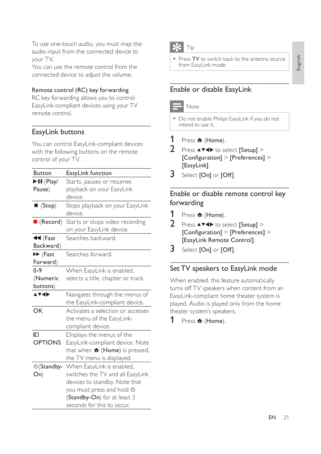 Philips 32PFL5604D/78 EasyLink buttons, Enable or disable EasyLink, Enable or disable remote control key forwarding 