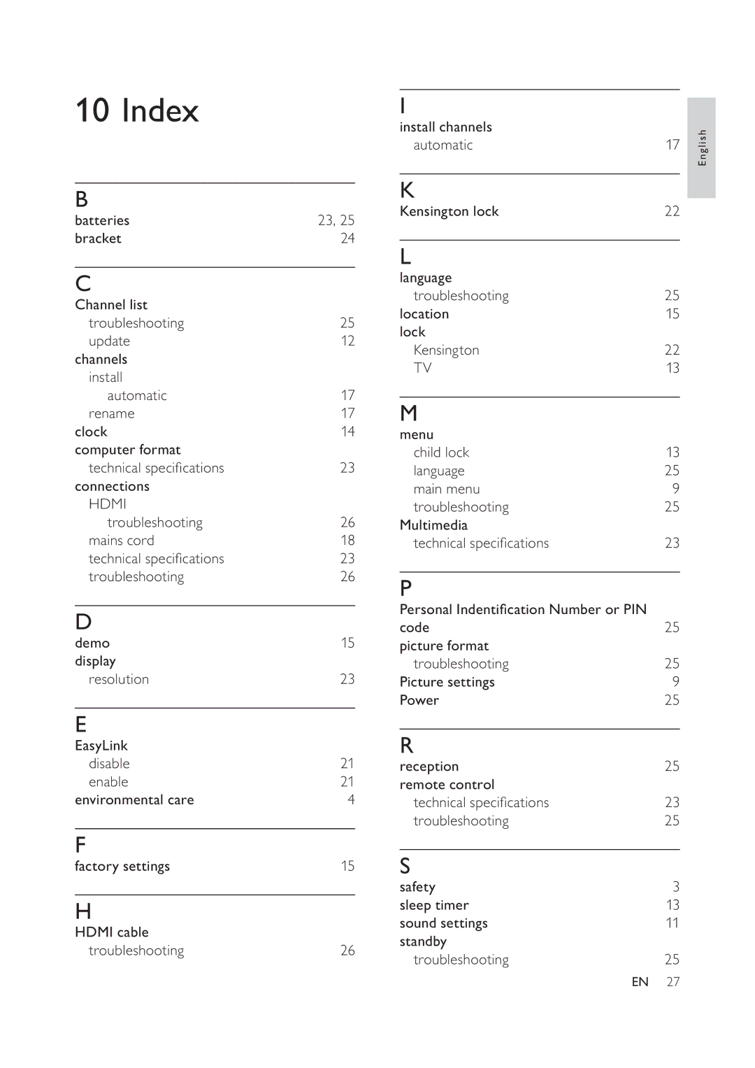 Philips 47PFL5604D/78, 52PFL7404D/78, 42PFL7404D/78, 42PFL5604D/78, 32PFL5604D/78 user manual Index 