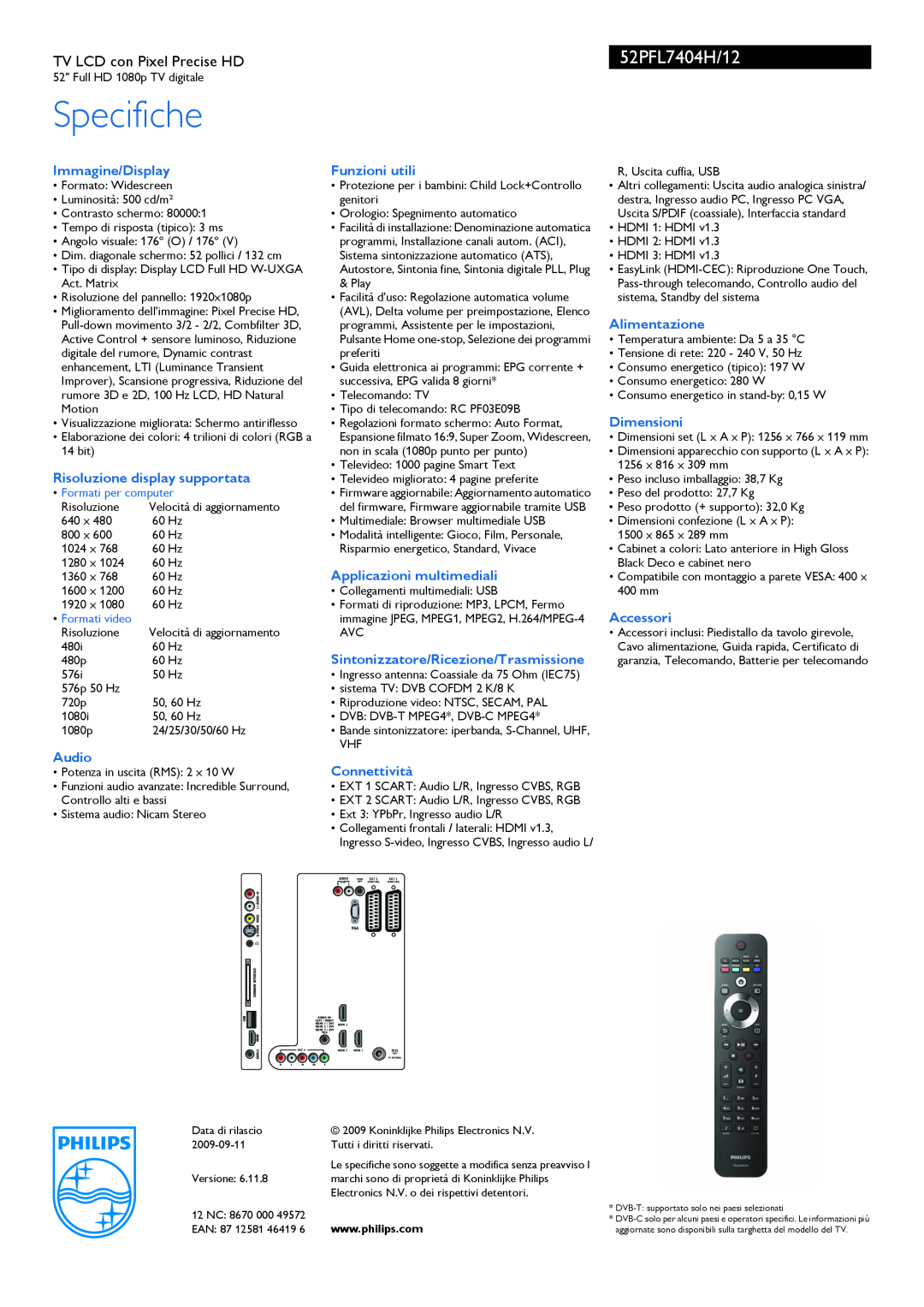 Philips 52PFL7404H manual Specifiche, Immagine/Display, Risoluzione display supportata, Audio, Funzioni utili, Connettività 