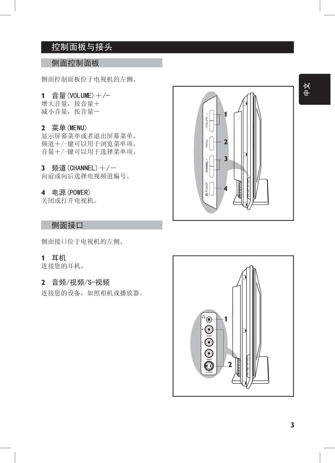 Philips 32PFL7332, 52PFL7432, 32PFL7932, 42PFL7432 user manual 控制面板与接头, 侧面控制面板, 侧面接口 