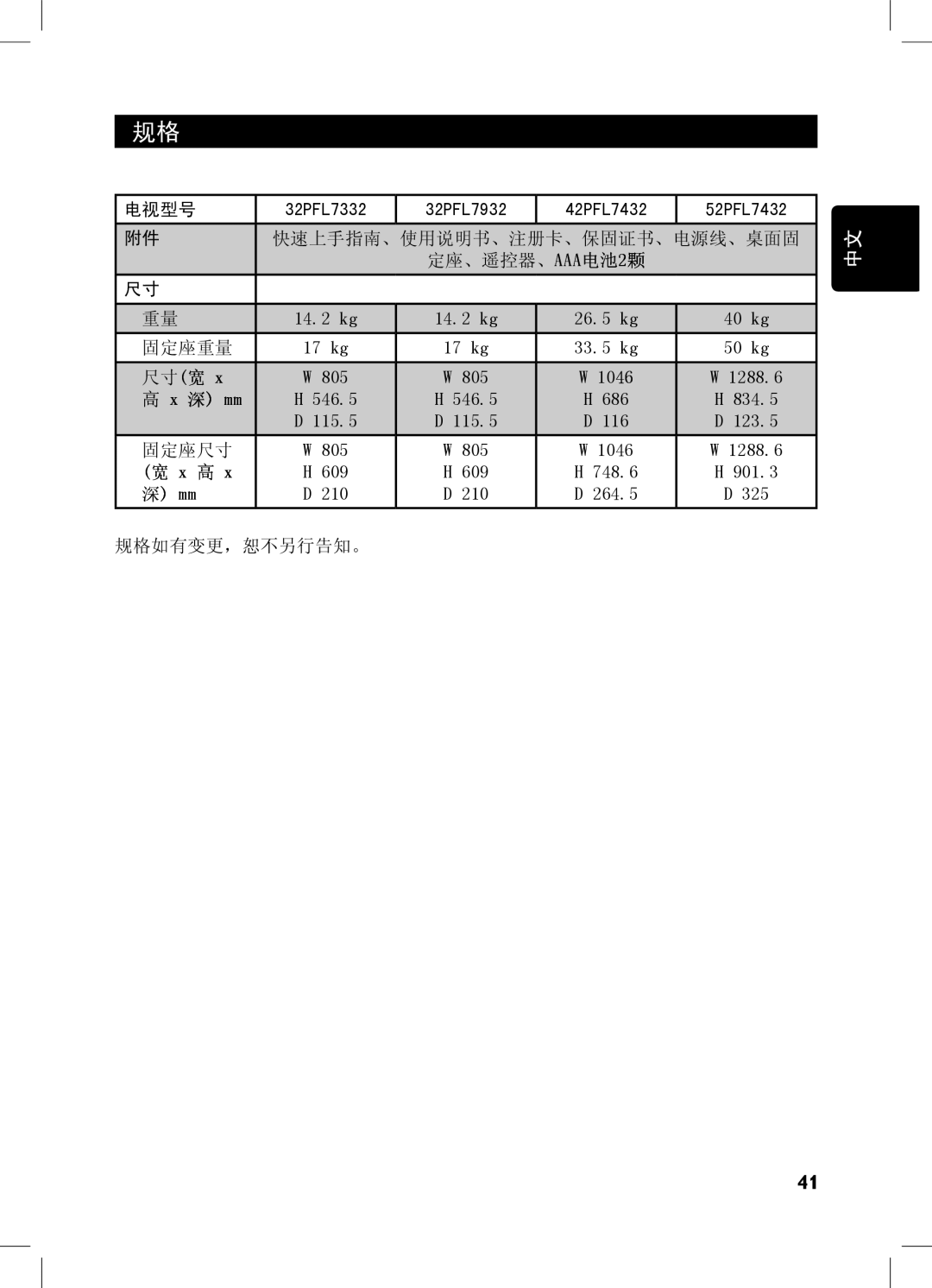 Philips 52PFL7432, 32PFL7932, 32PFL7332, 42PFL7432 user manual 快速上手指南、使用说明书、注册卡、保固证书、电源线、桌面固 