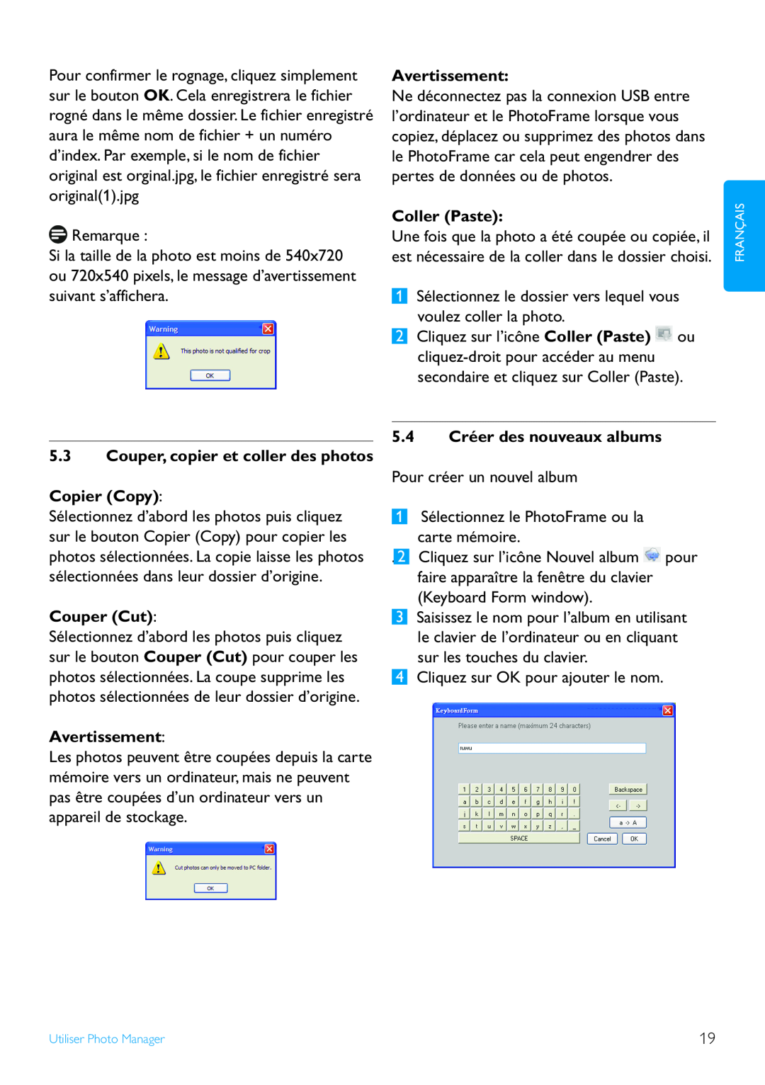 Philips 52PFL7432, 5FF2, 10FF2 Couper, copier et coller des photos Copier Copy, Couper Cut, Avertissement, Coller Paste 