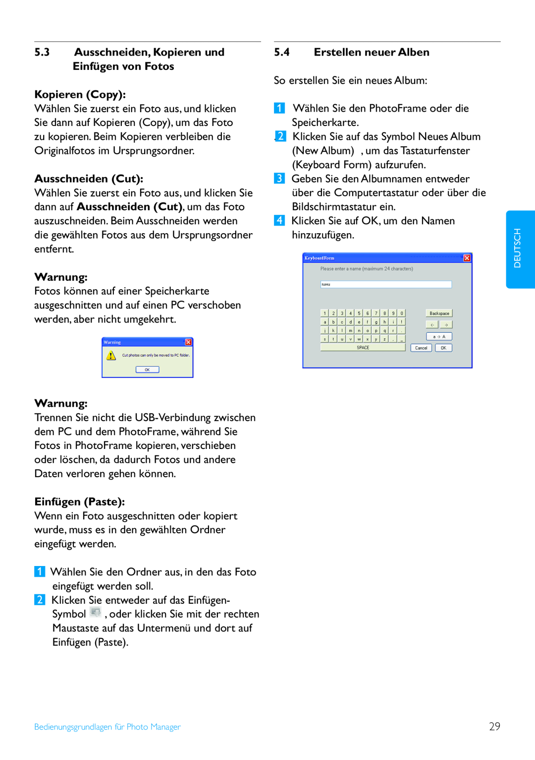 Philips 5FF2, 10FF2 Ausschneiden, Kopieren und Einfügen von Fotos Kopieren Copy, Ausschneiden Cut, Warnung, Einfügen Paste 