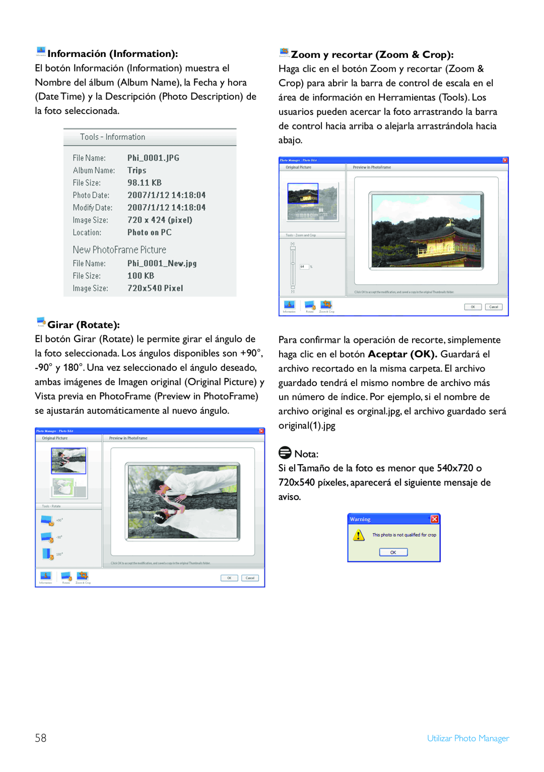 Philips 52PFL7432, 5FF2, 10FF2 user manual Información Information, Girar Rotate, Zoom y recortar Zoom & Crop 