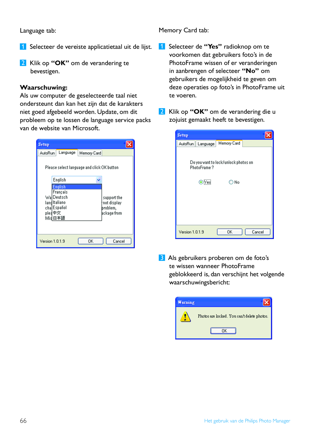 Philips 10FF2, 52PFL7432, 5FF2 Language tab, Klik op “OK” om de verandering te bevestigen, Waarschuwing, Memory Card tab 
