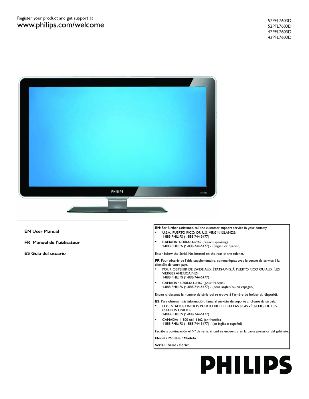 Philips 57PFL7603D user manual Register your product and get support at, FR Manuel de l’utilisateur ES Guía del usuario 