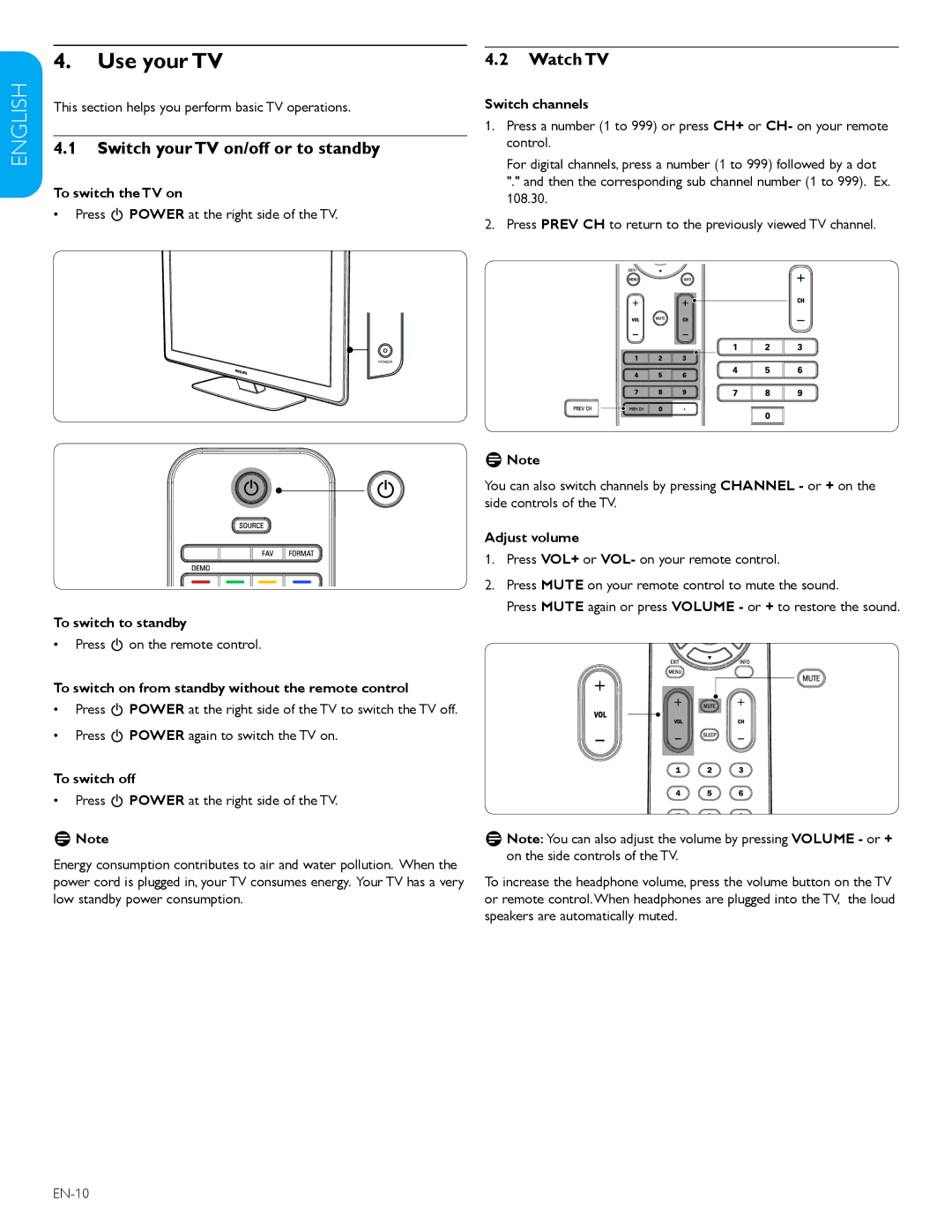 Philips 52PFL7603D, 57PFL7603D user manual Use your TV, Switch your TV on/off or to standby, Watch TV 