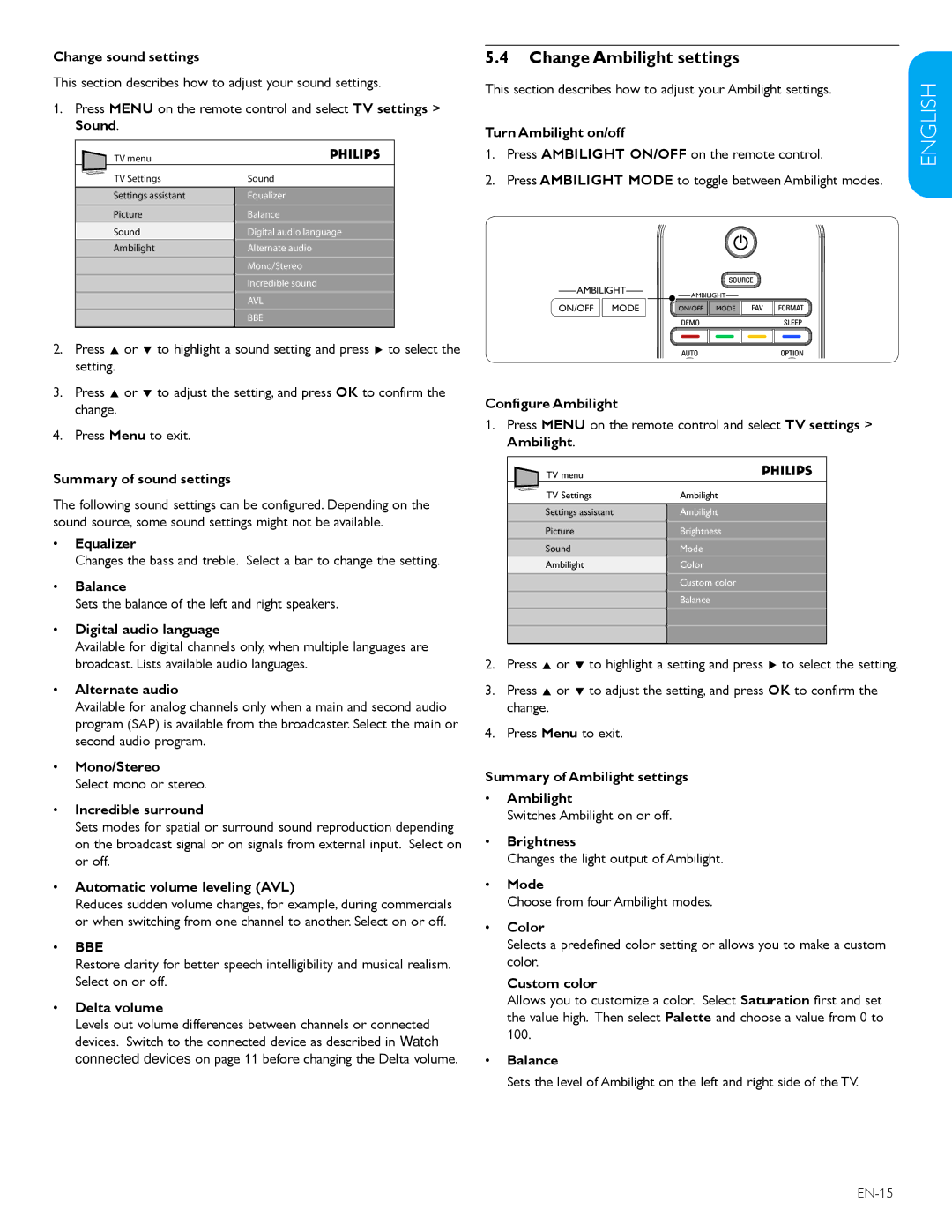 Philips 57PFL7603D, 52PFL7603D user manual Change Ambilight settings 