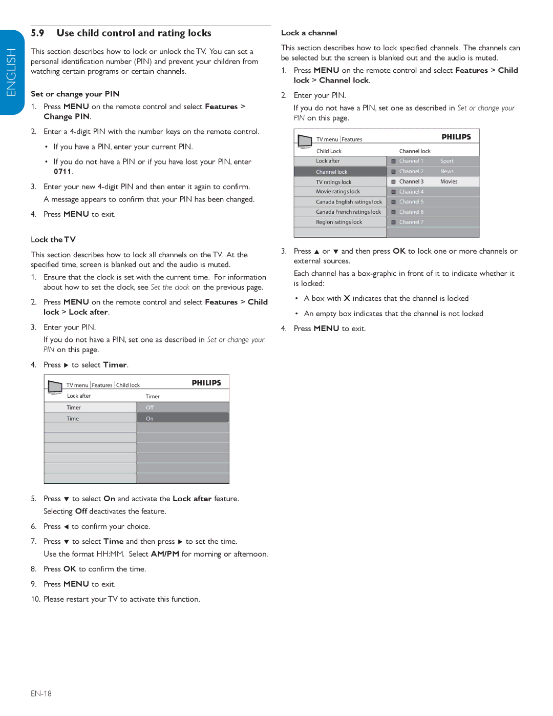 Philips 52PFL7603D, 57PFL7603D Use child control and rating locks, Set or change your PIN, Lock the TV, Lock a channel 