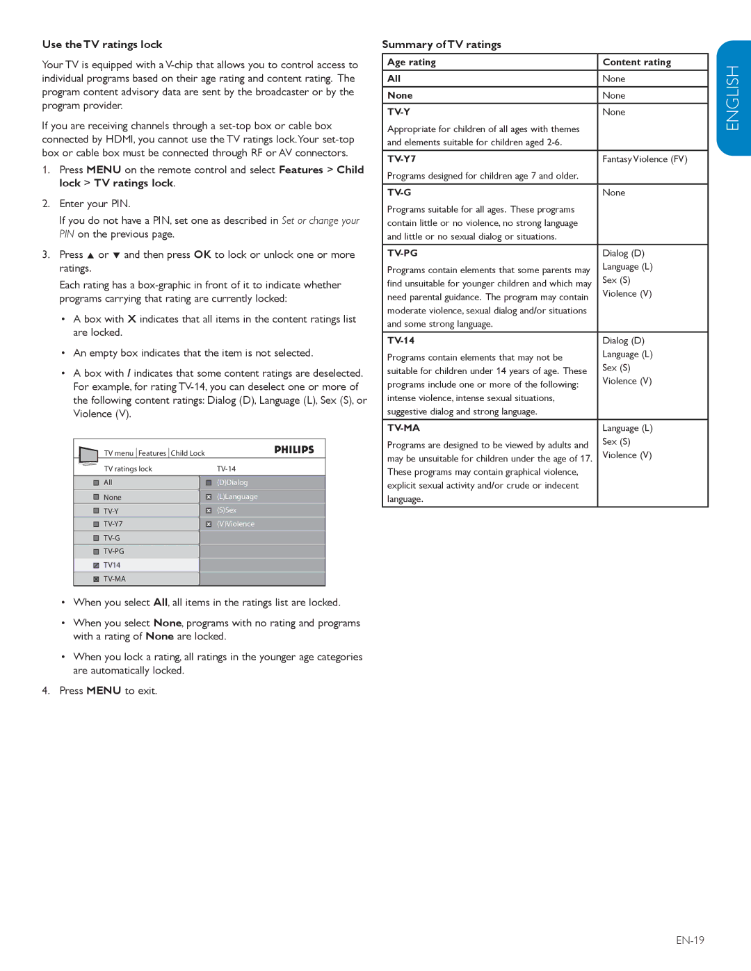 Philips 57PFL7603D, 52PFL7603D user manual Use the TV ratings lock, Summary of TV ratings, EN-19 