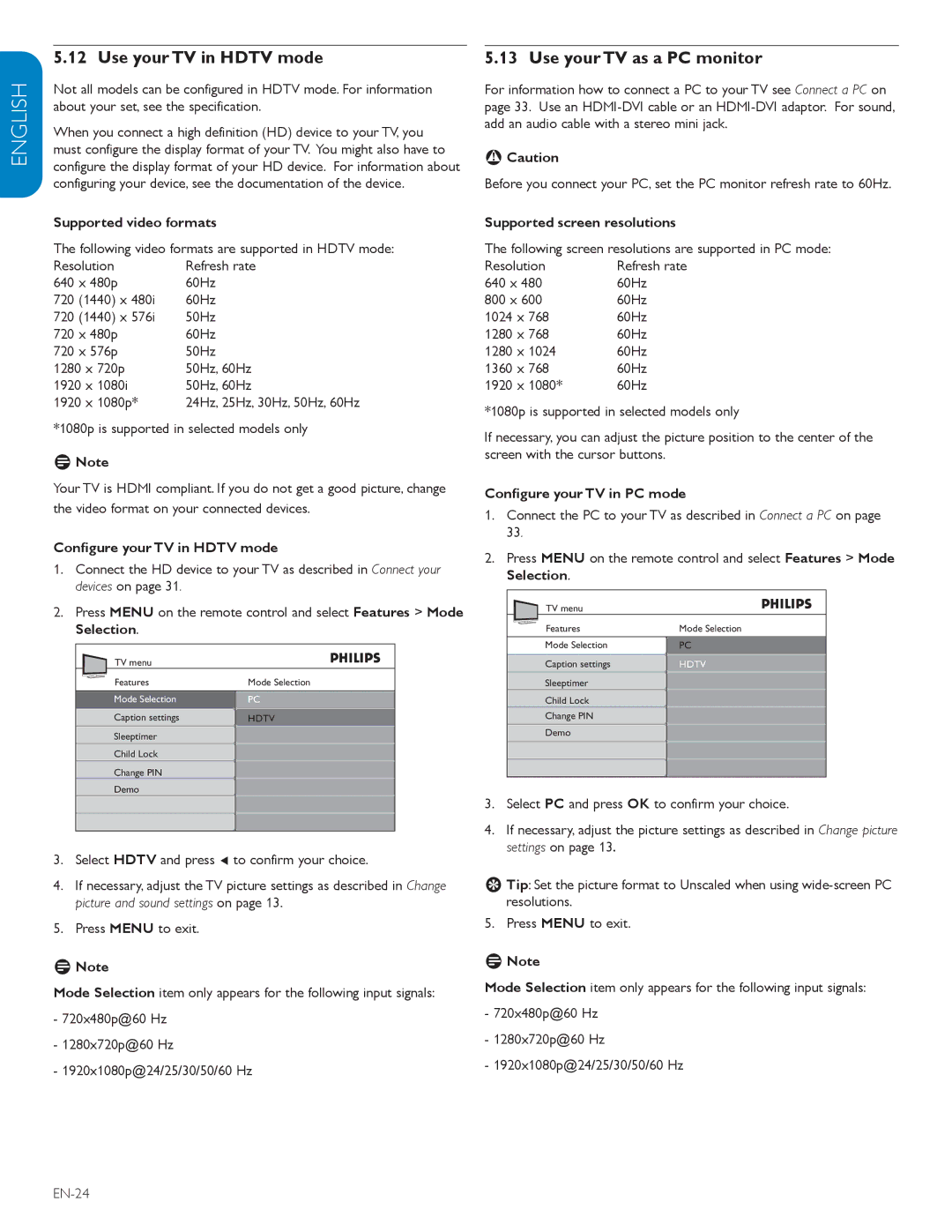 Philips 52PFL7603D, 57PFL7603D user manual Use your TV in Hdtv mode, Use your TV as a PC monitor 