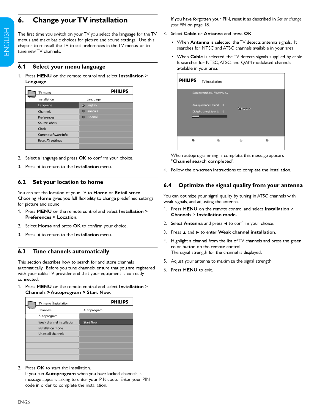 Philips 52PFL7603D, 57PFL7603D user manual Change your TV installation, Select your menu language, Set your location to home 