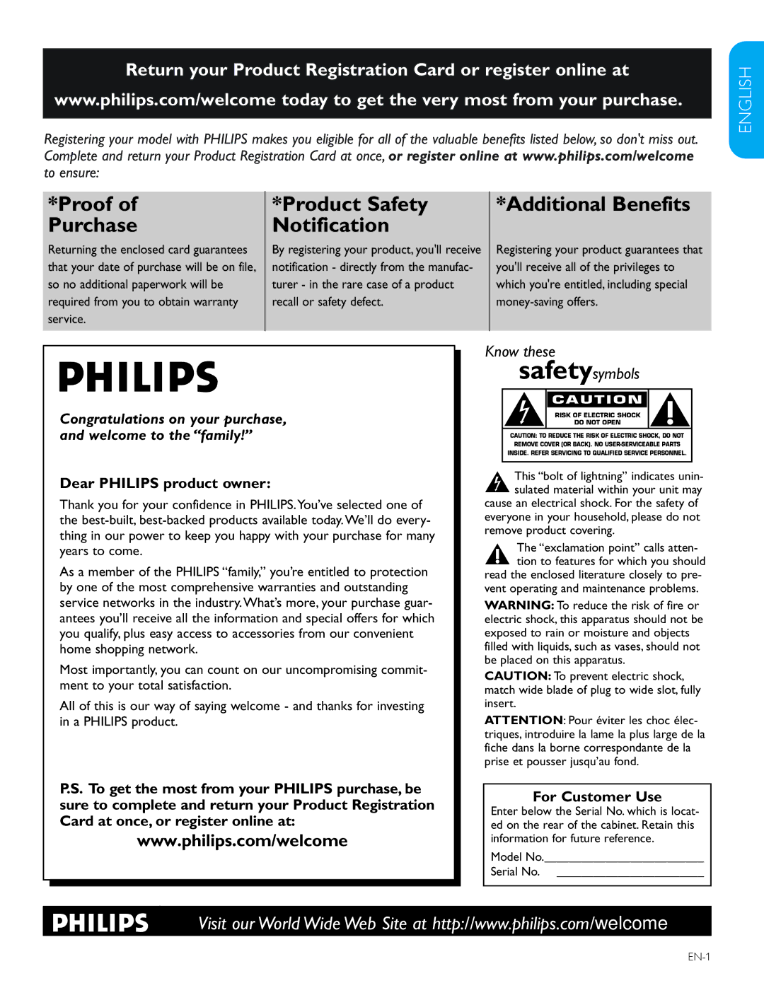 Philips 57PFL7603D, 52PFL7603D user manual Returning the enclosed card guarantees, EN-1 