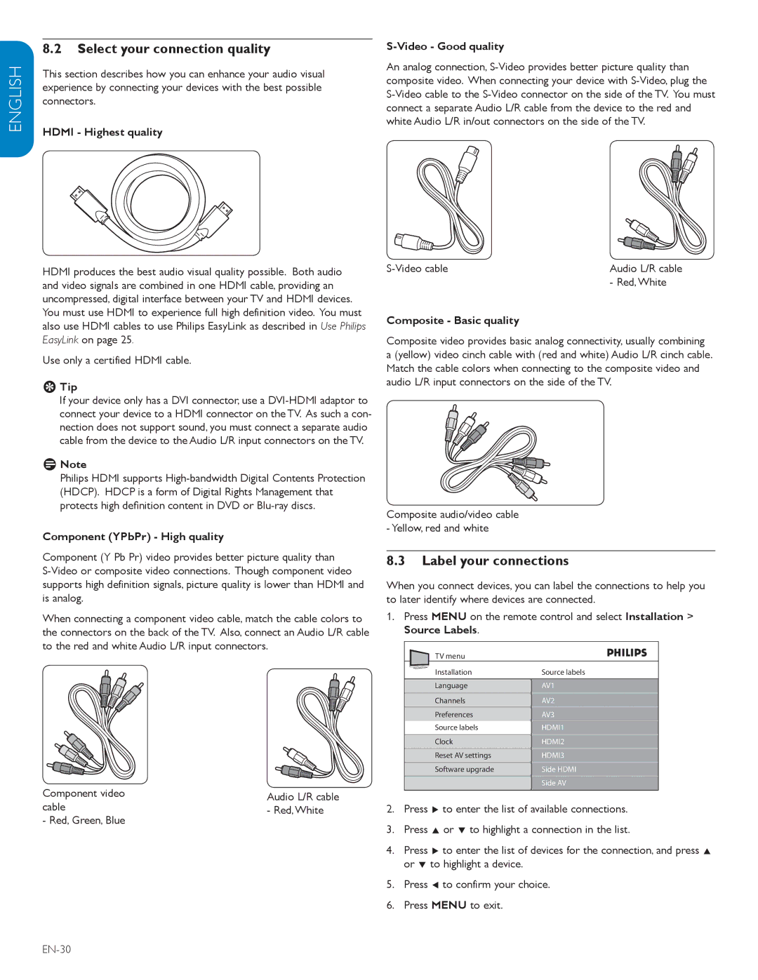 Philips 52PFL7603D, 57PFL7603D user manual Select your connection quality, Label your connections 