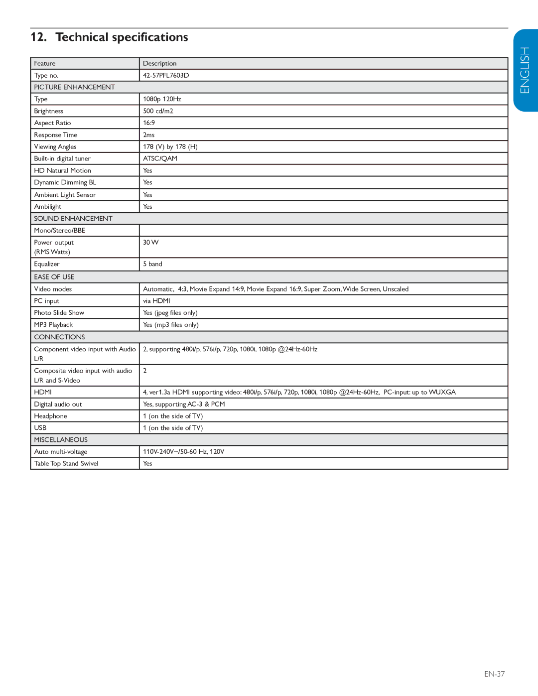 Philips 57PFL7603D, 52PFL7603D user manual Technical specifications, EN-37 