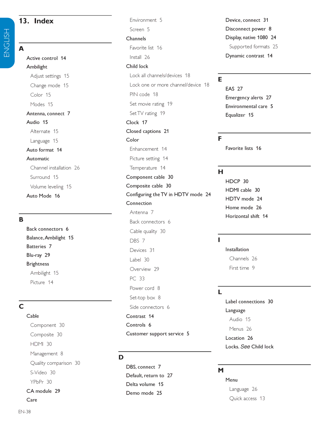 Philips 52PFL7603D, 57PFL7603D user manual Index, Device, connect 31 Disconnect power 8 Display, native 1080, EN-38 