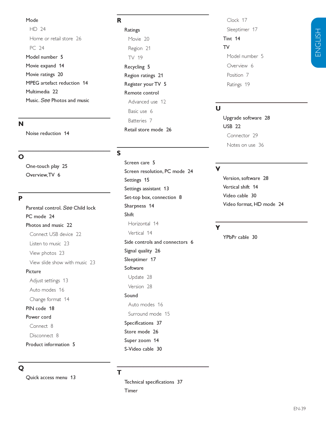 Philips 57PFL7603D, 52PFL7603D user manual Adjust settings 13 Auto modes 16 Change format, EN-39 