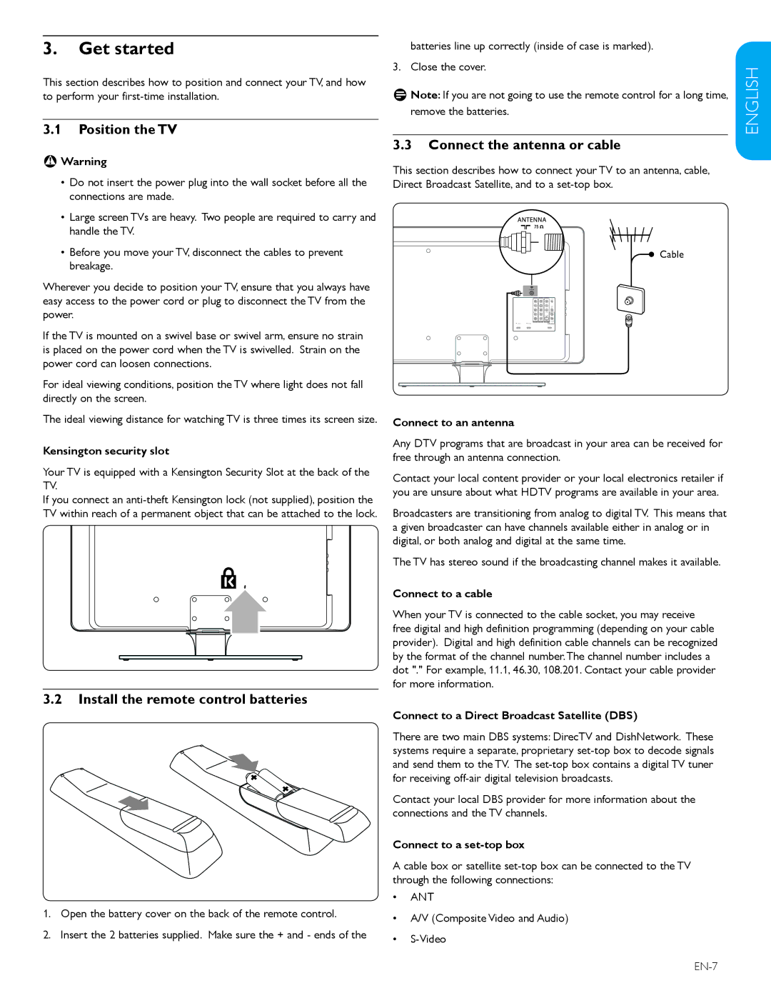 Philips 57PFL7603D Get started, Position the TV, Install the remote control batteries, Connect the antenna or cable 