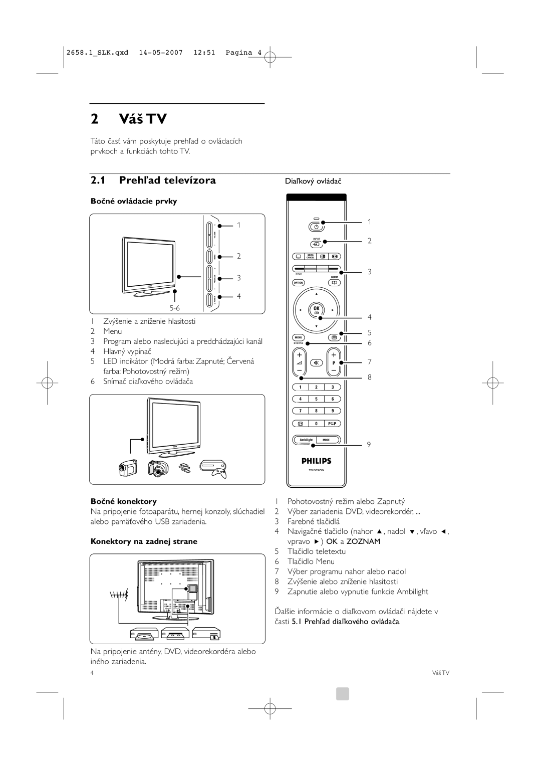 Philips 52PFL7704D manual Váš TV, Prehľad televízora, Bočné ovládacie prvky, Bočné konektory, Konektory na zadnej strane 