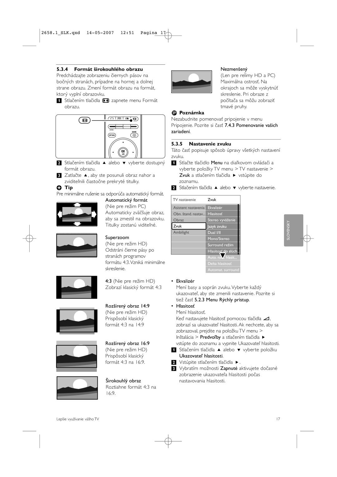 Philips 52PFL7704D manual Formát širokouhlého obrazu, Nastavenie zvuku 