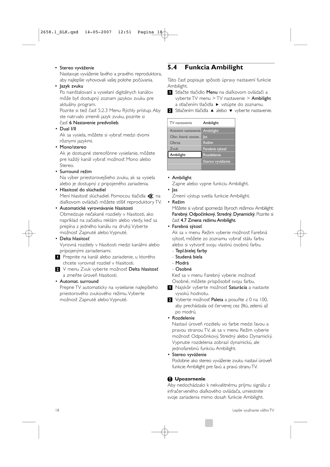 Philips 52PFL7704D manual Funkcia Ambilight, Upozornenie 