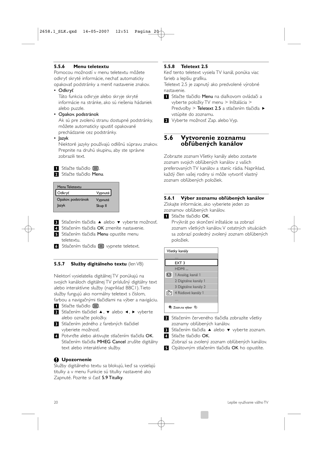 Philips 52PFL7704D Vytvorenie zoznamu obľúbených kanálov, Menu teletextu, 7 Služby digitálneho textu len VB, Teletext 