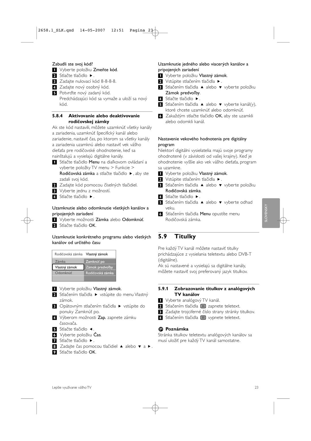 Philips 52PFL7704D manual Titulky, Aktivovanie alebo deaktivovanie Rodičovskej zámky 