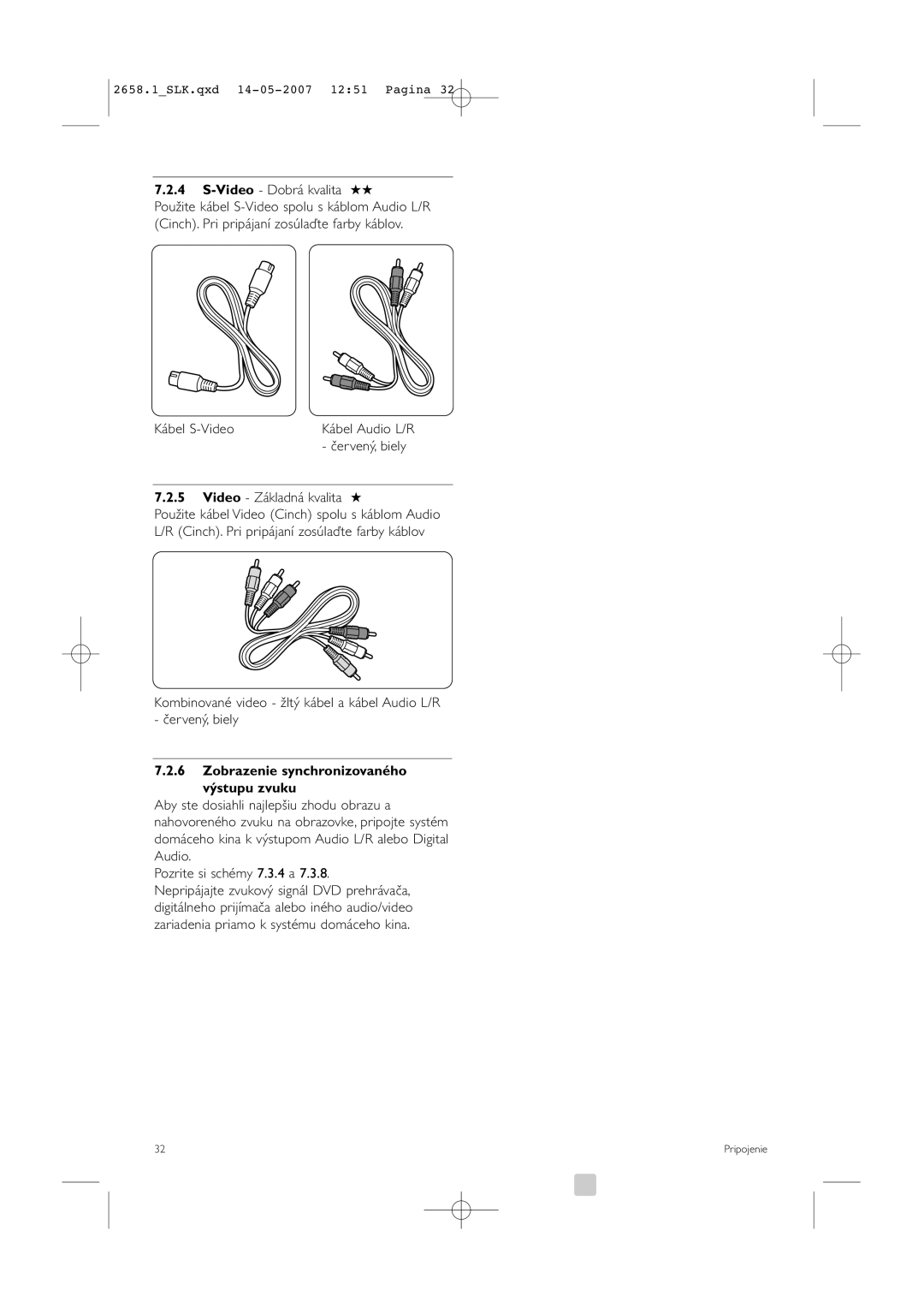 Philips 52PFL7704D manual Video- Dobrá kvalita, Kábel S-Video, Červený, biely, Video Základná kvalita 