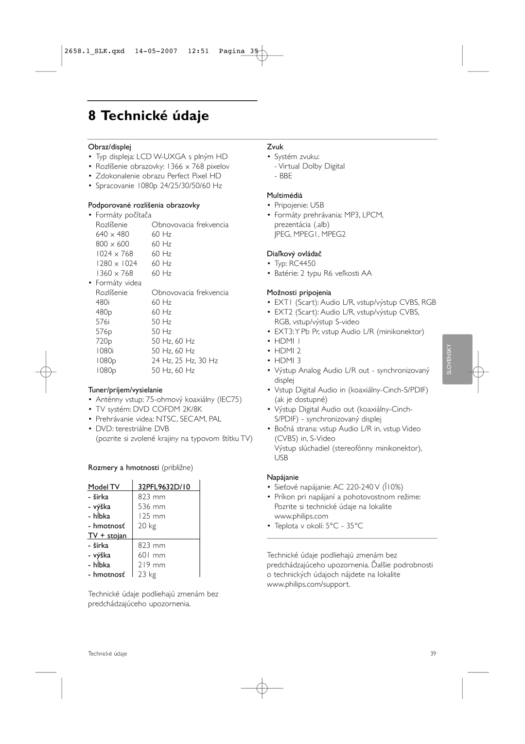 Philips 52PFL7704D manual Technické údaje 