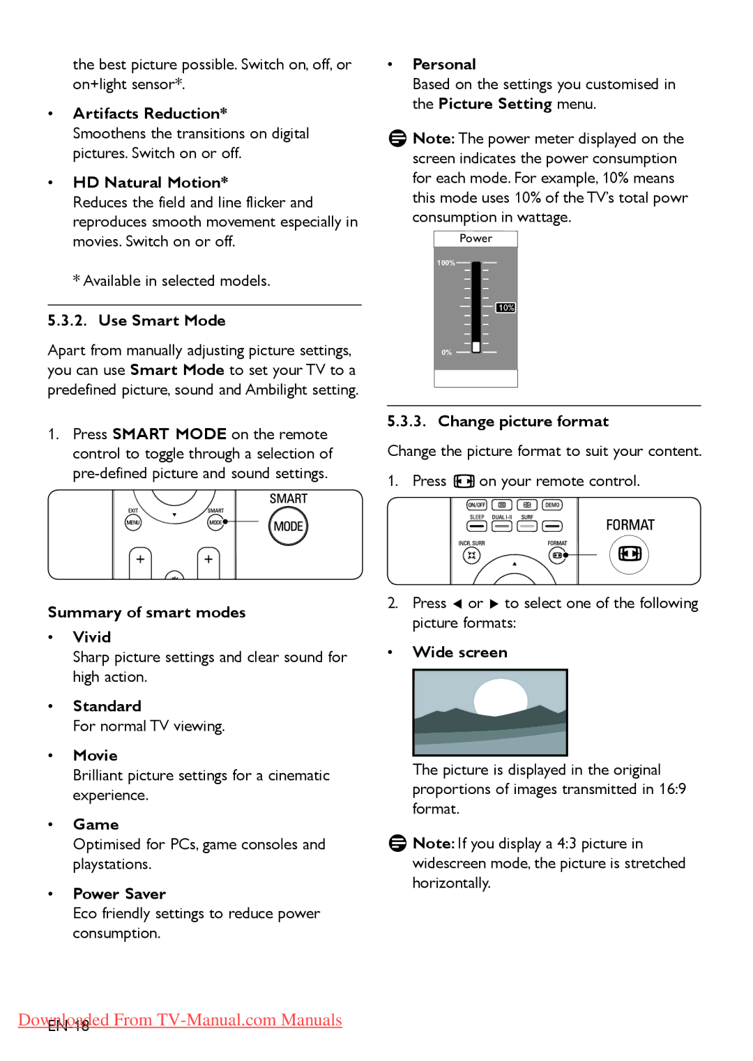 Philips 32PFL3403 Artifacts Reduction, HD Natural Motion, Use Smart Mode, Summary of smart modes Vivid, Standard, Movie 