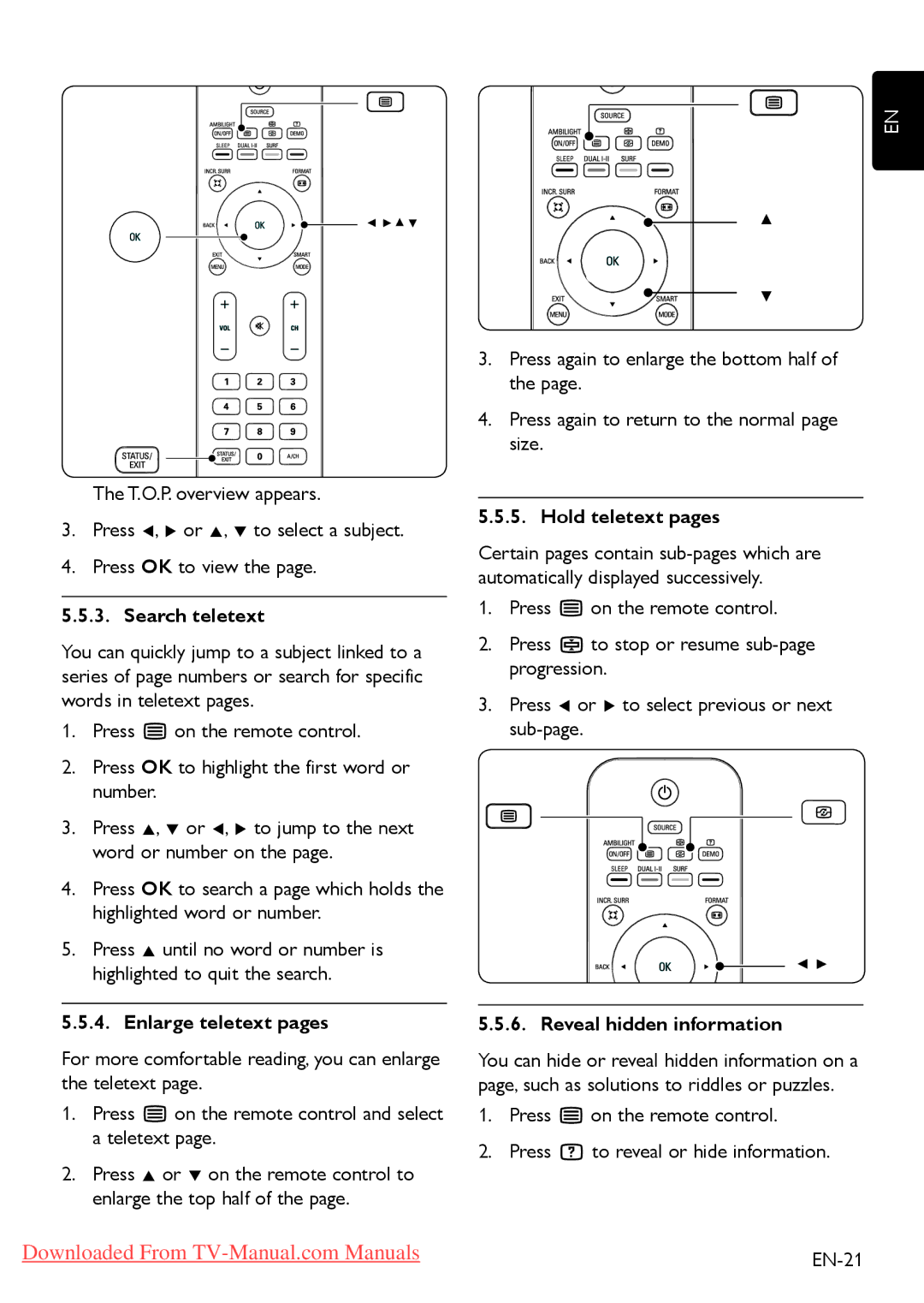 Philips 42PFL5403, 52PFL7803 Search teletext, Enlarge teletext pages, Hold teletext pages, Reveal hidden information 