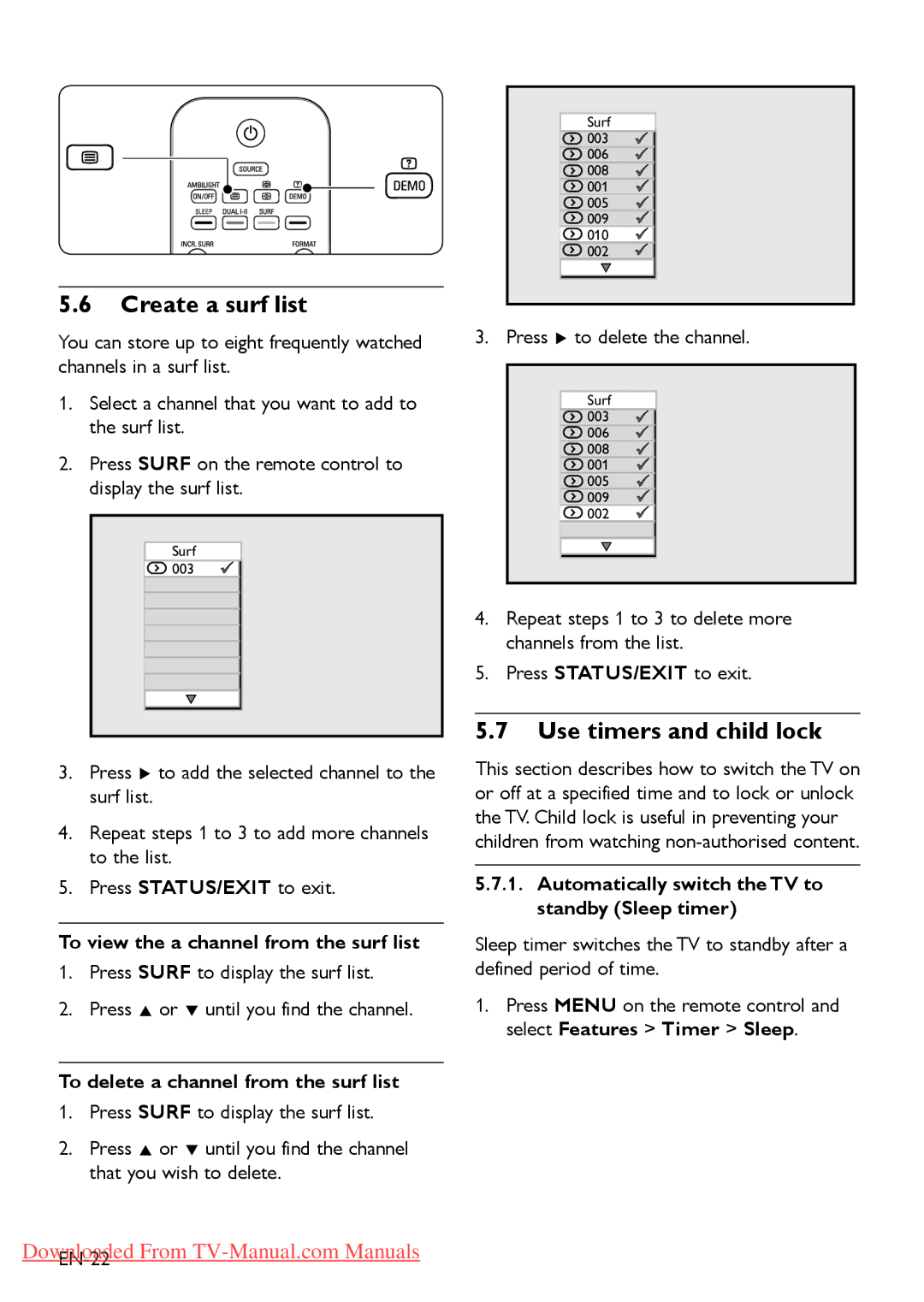 Philips 42PFL7603, 52PFL7803 Create a surf list, Use timers and child lock, To view the a channel from the surf list 