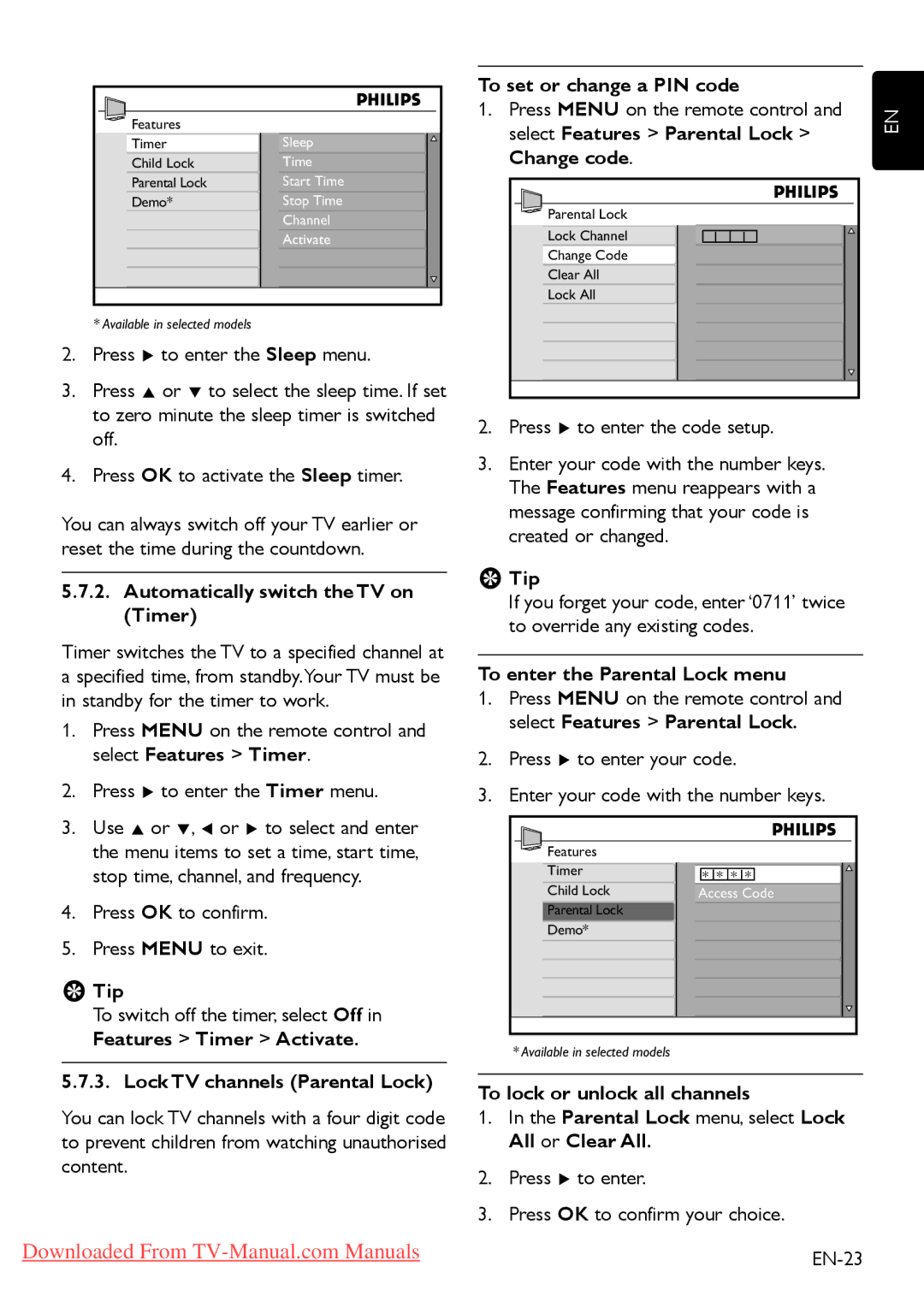 Philips 47PFL5403 Automatically switch the TV on Timer, Lock TV channels Parental Lock, To set or change a PIN code 