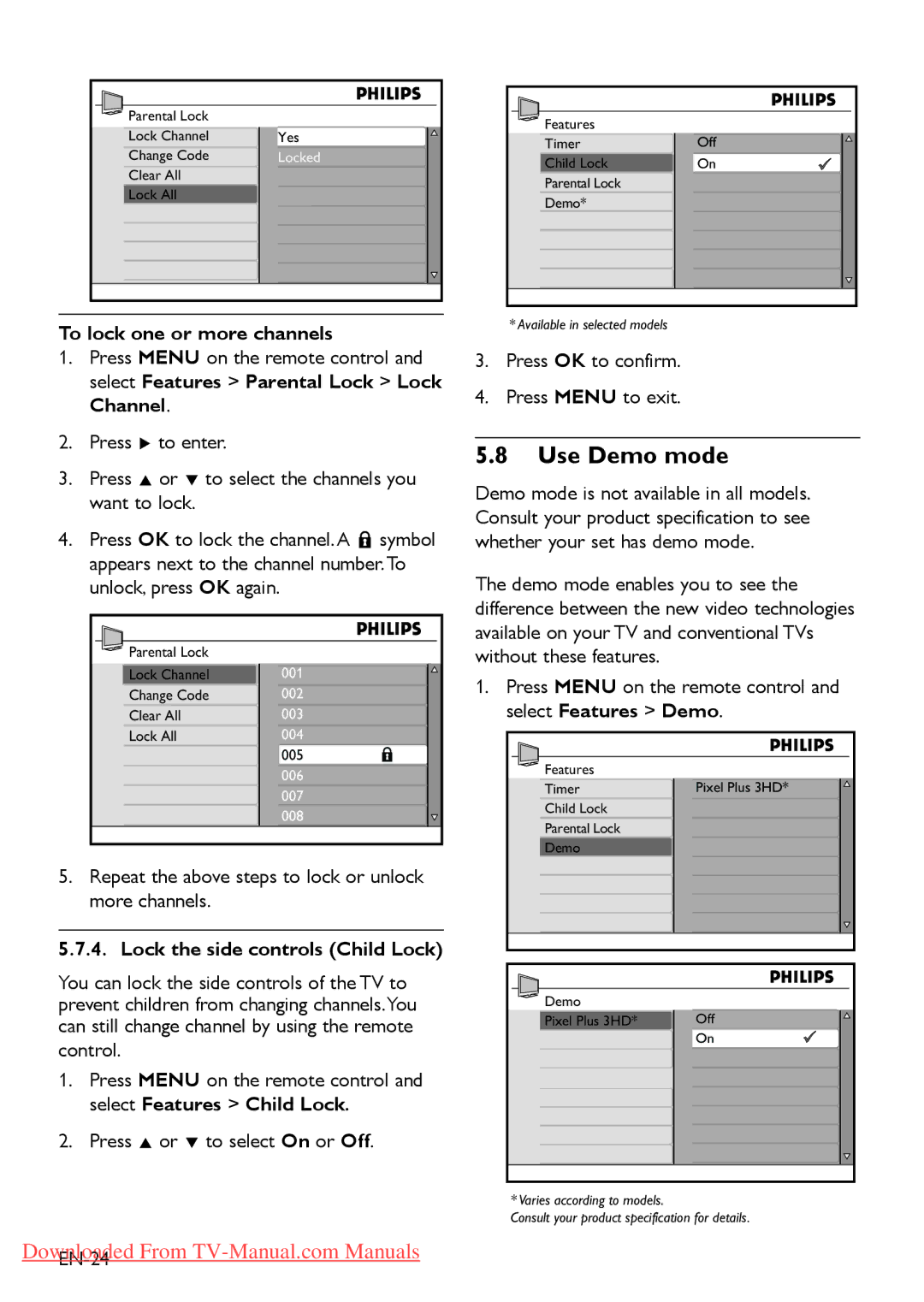 Philips 52PFL7803 Use Demo mode, To lock one or more channels, Repeat the above steps to lock or unlock more channels 