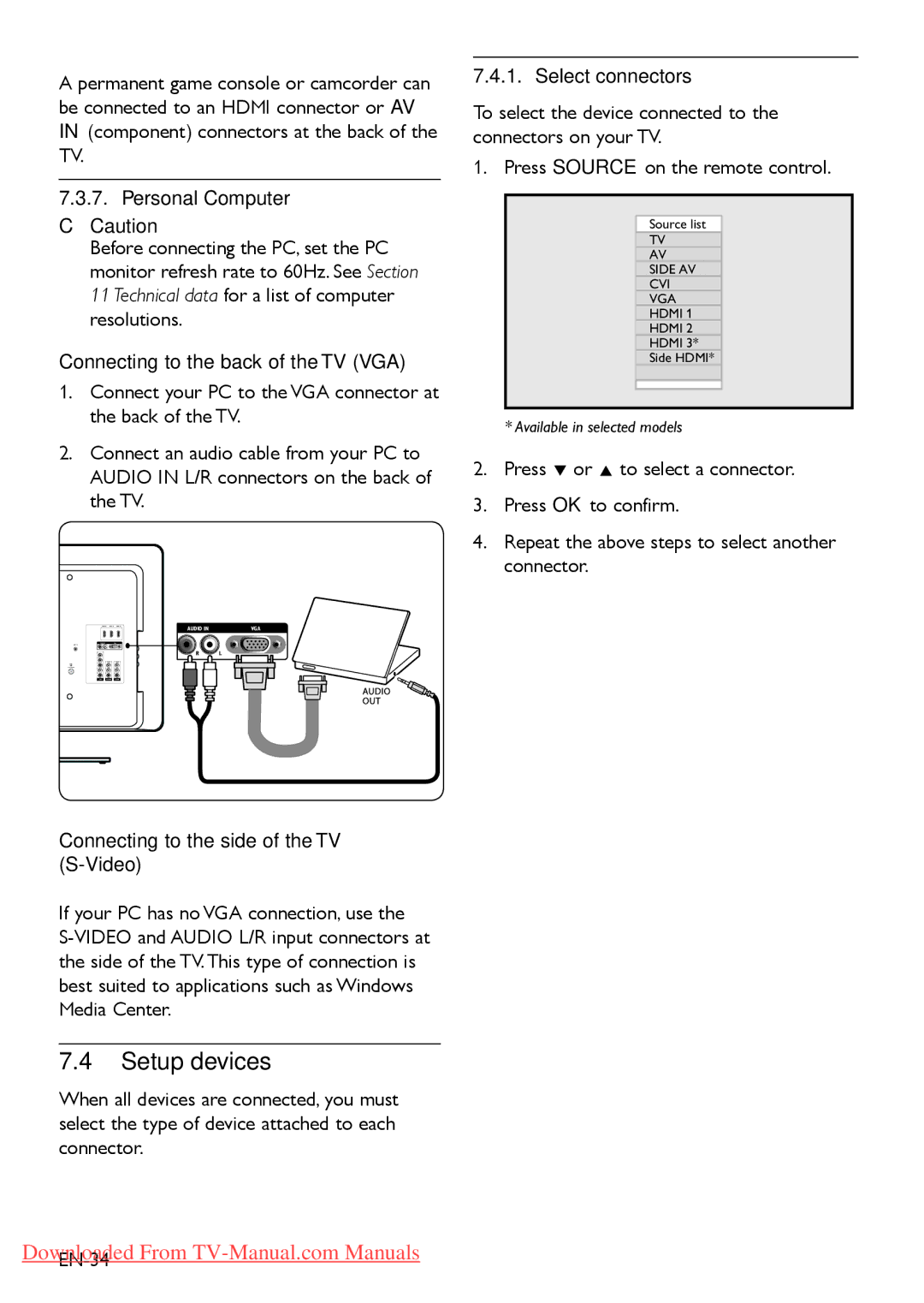 Philips 42PFL5403, 52PFL7803 Setup devices, Personal Computer, Connecting to the back of the TV VGA, Select connectors 