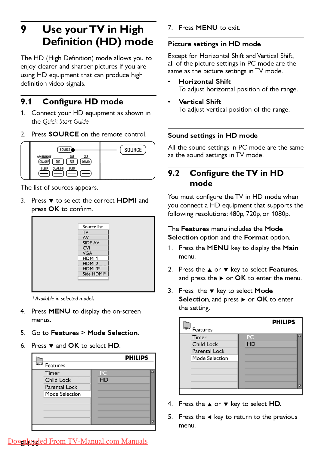 Philips 47PFL5403, 52PFL7803 Use your TV in High Definition HD mode, Conﬁgure HD mode, Conﬁgure the TV in HD mode 