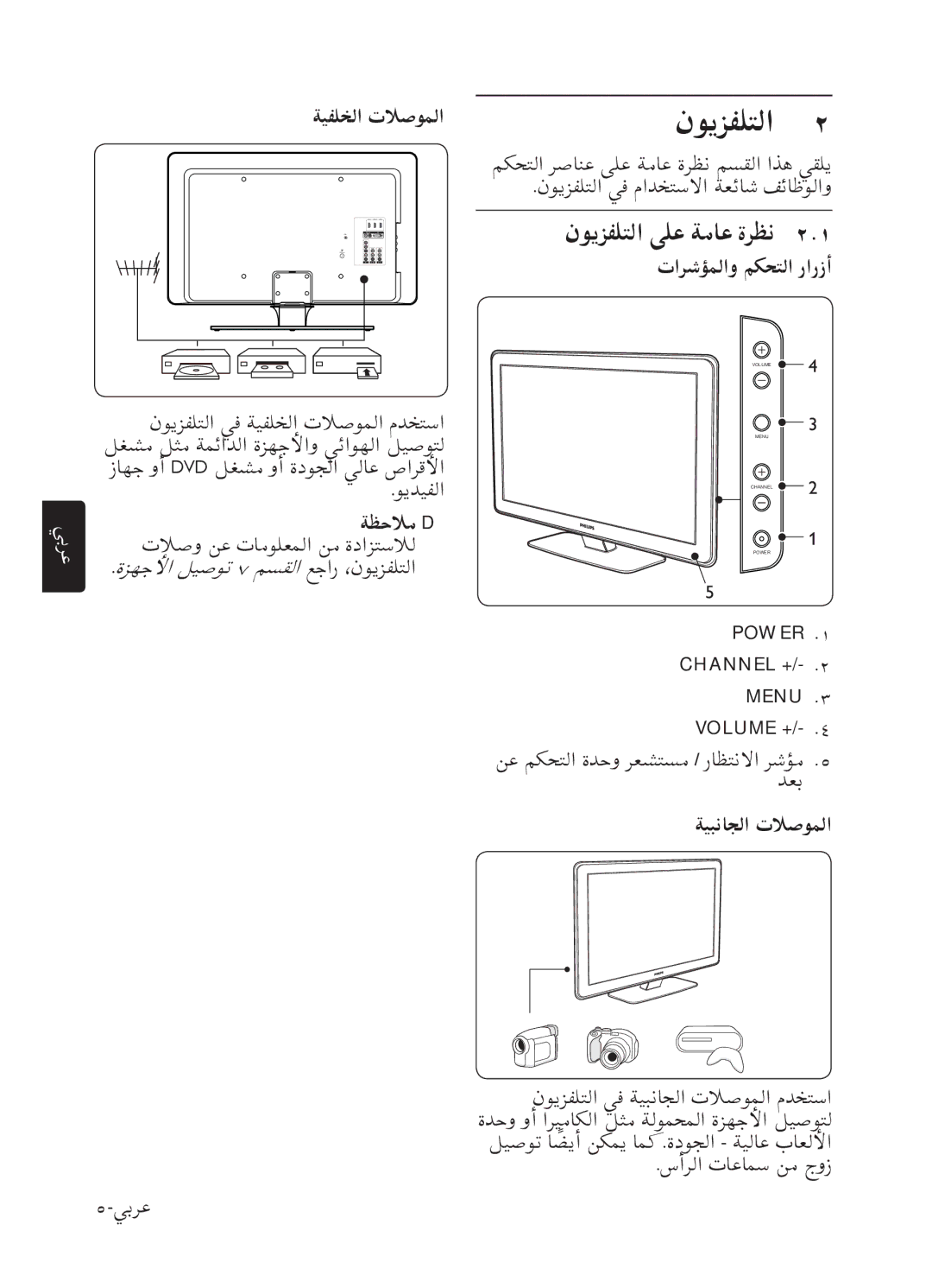 Philips 52PFL7803 user manual ﻥﻮﻳﺰﻔﻠﺘﻟﺍ ﻰﻠﻋ ﺔﻣﺎﻋ ﺓﺮﻈﻧ, ﺕﺍﺮﺷﺆﻤﻟﺍﻭ ﻢﻜﺤﺘﻟﺍ ﺭﺍﺭﺯﺃ, Channel +, ﺔﻴﺒﻧﺎﺠﻟﺍ ﺕﻼﺻﻮﻤﻟﺍ 