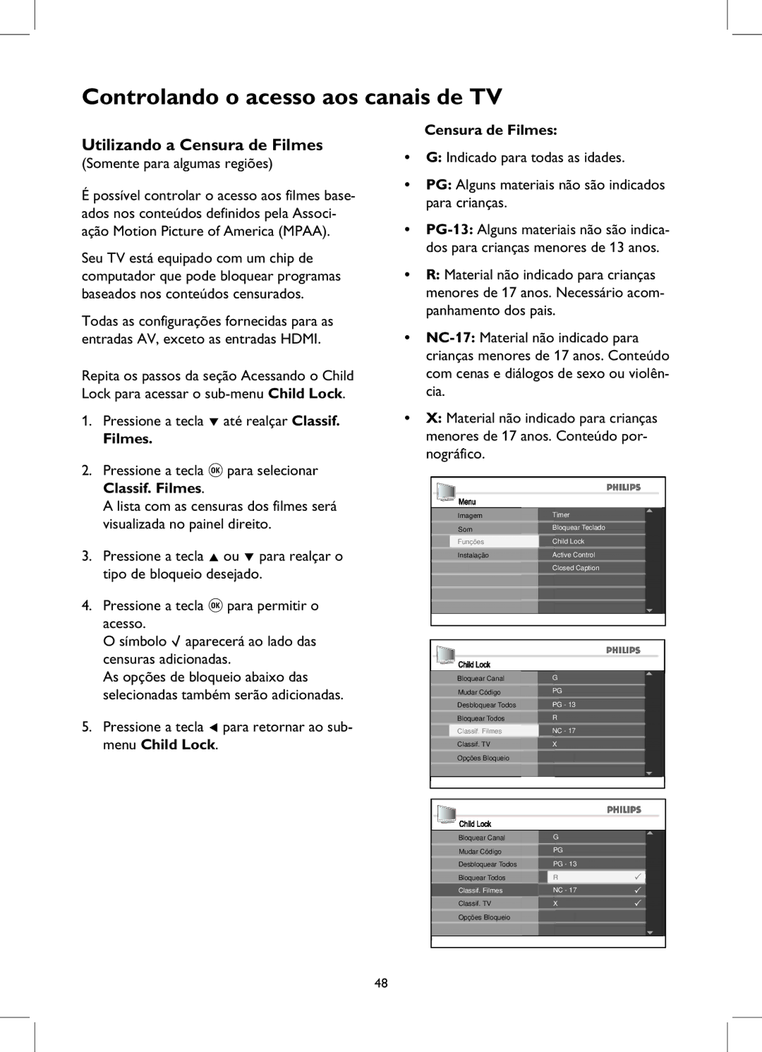 Philips 52PFL7932D manual Utilizando a Censura de Filmes 