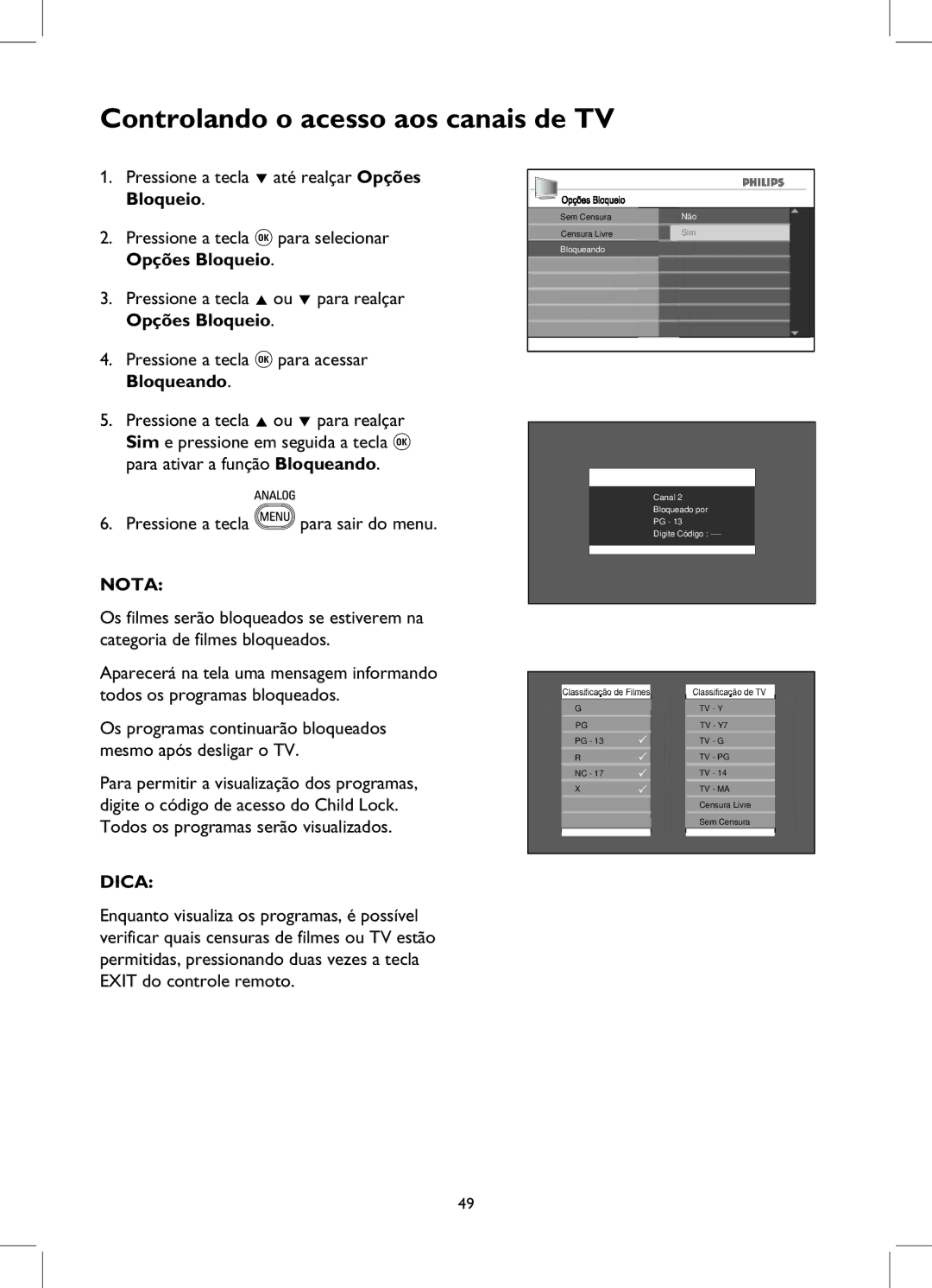 Philips 52PFL7932D manual Tv Pg Tv Ma 