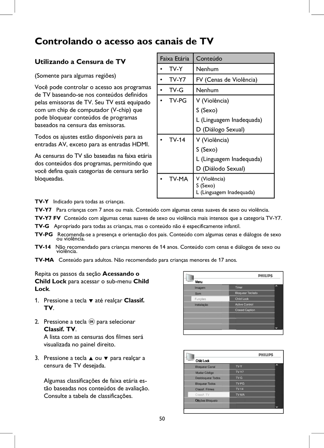 Philips 52PFL7932D manual Utilizando a Censura de TV 