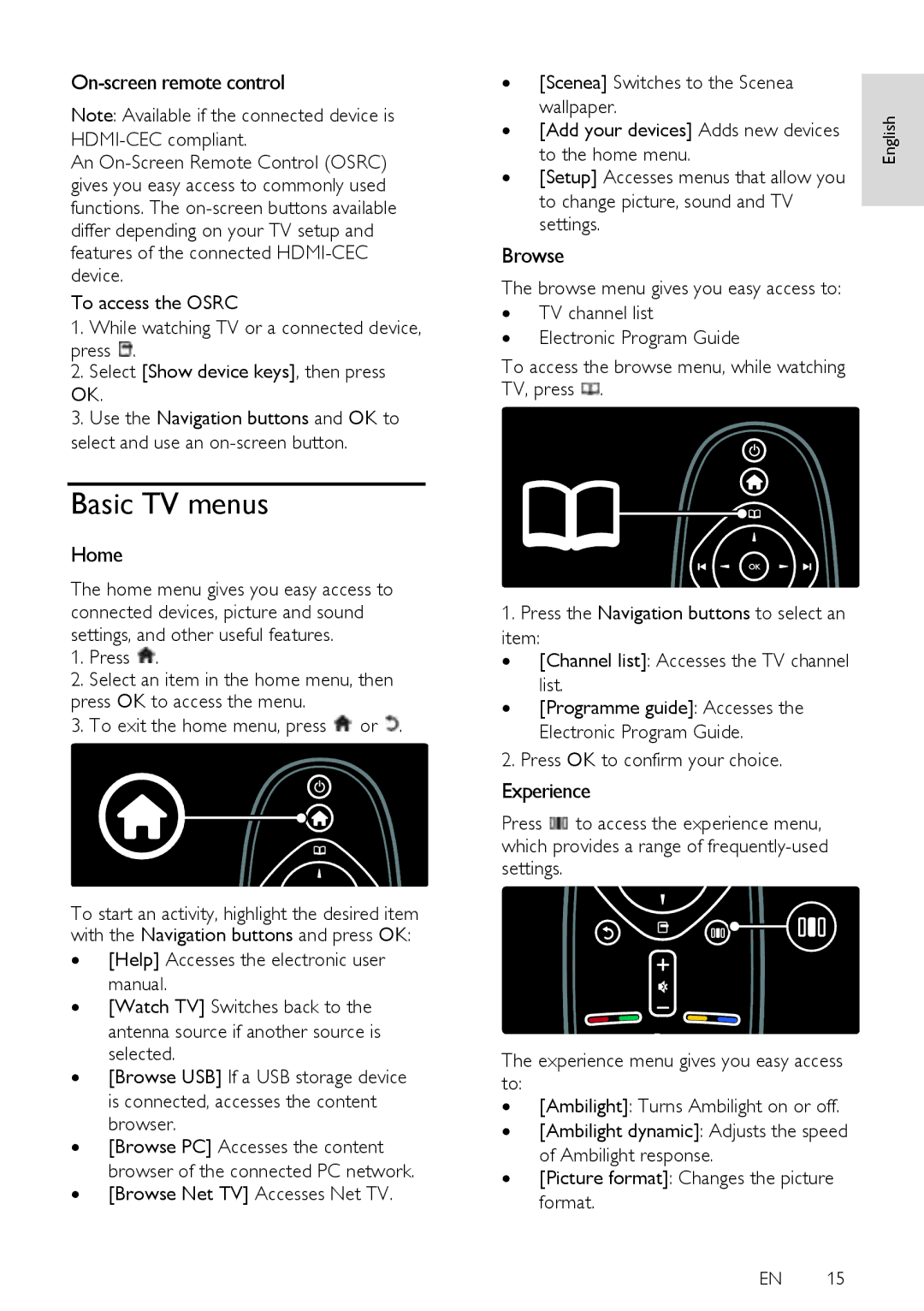 Philips 46PFL6615D, 52PFL8605D, 32PFL5615D, 32PFL6615D Basic TV menus, On-screen remote control, Home, Browse, Experience 