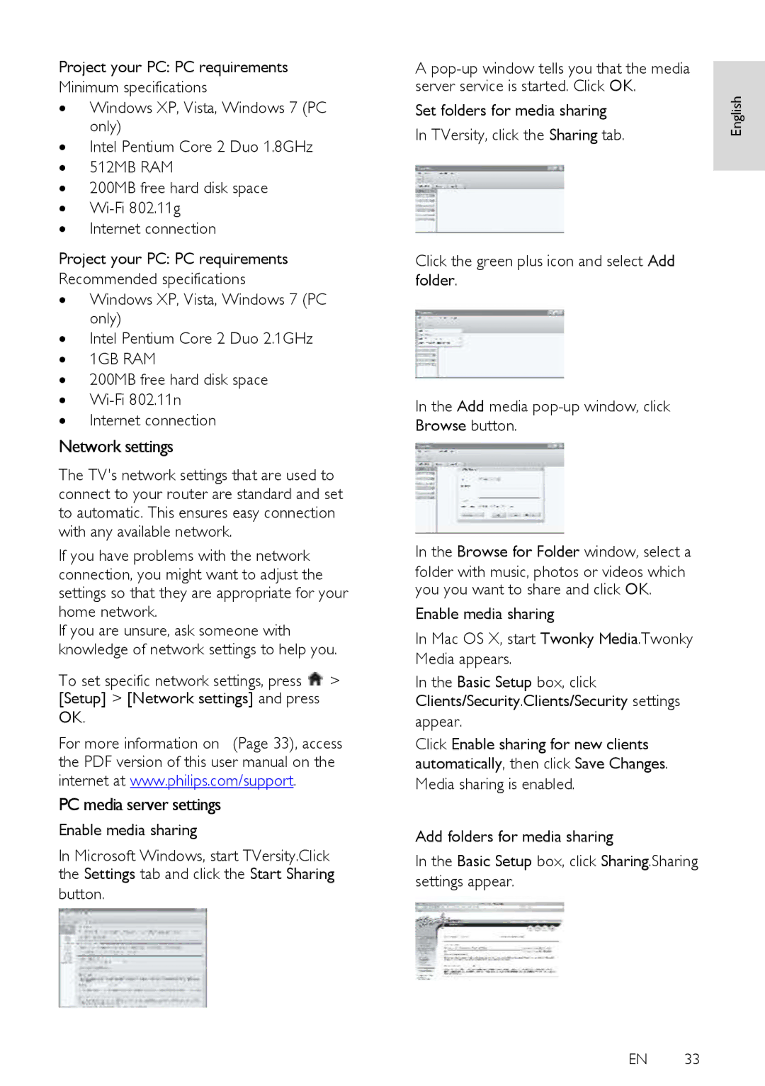 Philips 32PFL5615D, 52PFL8605D, 32PFL6615D, 40PFL8605D, 40PFL5615D, 40PFL6615D Network settings, PC media server settings 